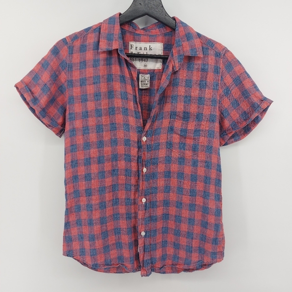 Frank & Eileen Linen Check Button Front Short Sleeve Shirt Size XS - Picture 1 of 5